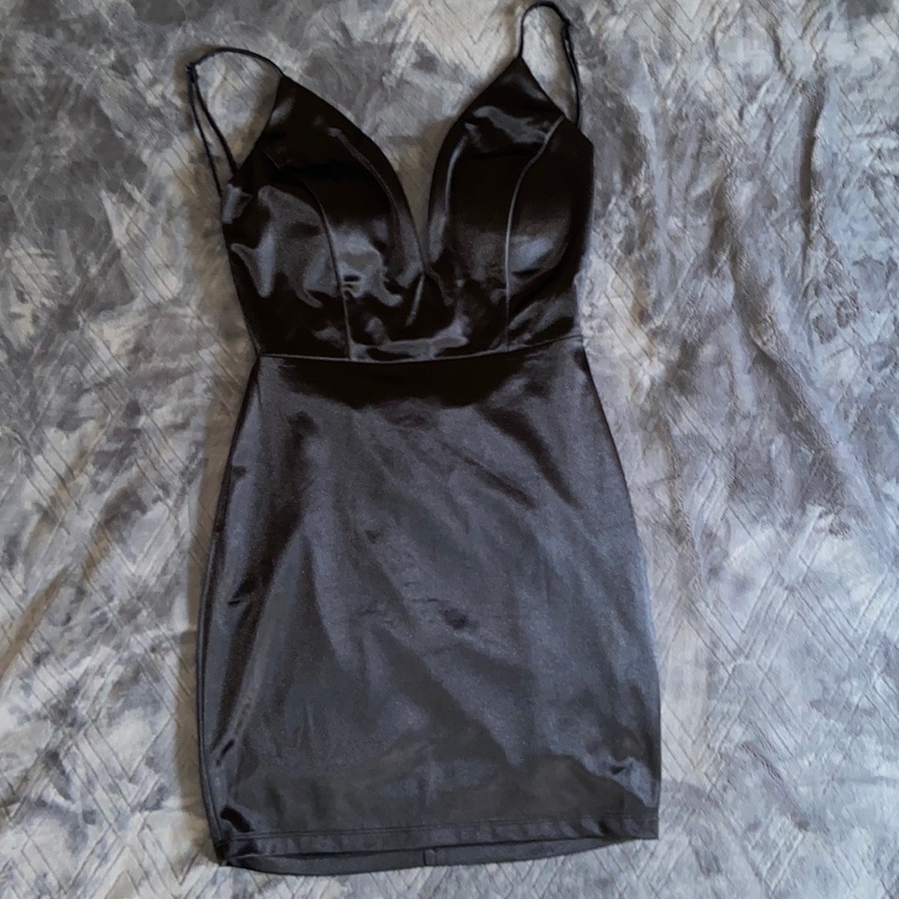Black satin backless mini dress, brand new.